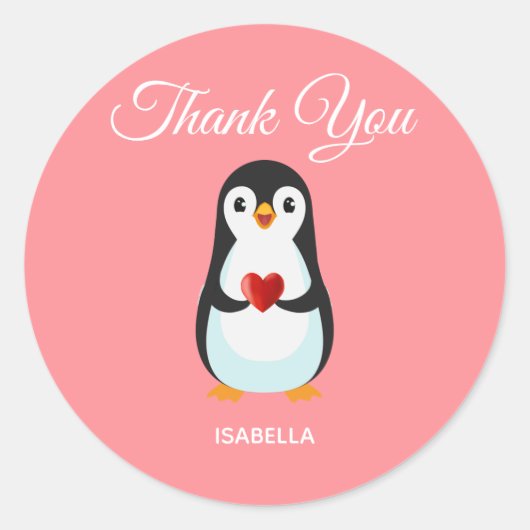 Cute Penguin met hart op roze dank Ronde Sticker (Voorkant)