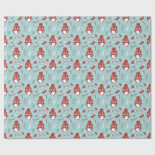 Cute Penguin Name Personalized Wrapping Paper Cadeaupapier (Vlak)