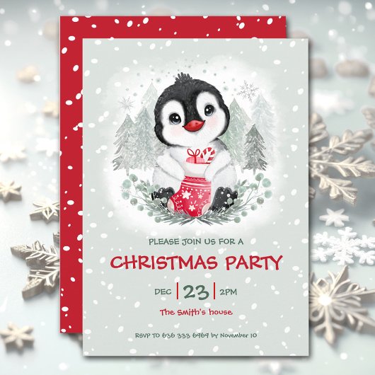 Cute Penguin Neige Glace Rouge Noël Invitation