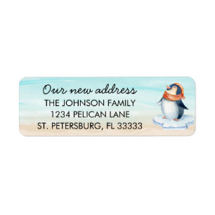Cute Penguin on Beach Family Moved Return Address Etiket
