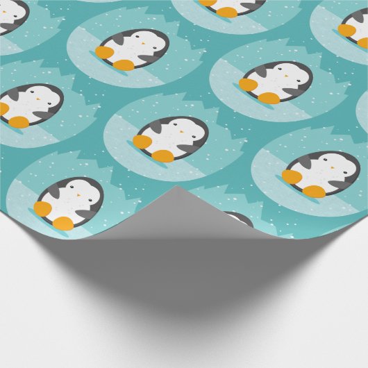 Cute Penguin on Blue Winter Cartoon Pattern Cadeaupapier (Hoek)