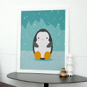 Cute Penguin on ice Blue Winter Cartoon Poster