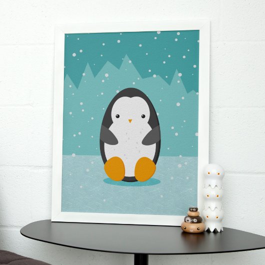 Cute Penguin on ice Blue Winter Cartoon Poster