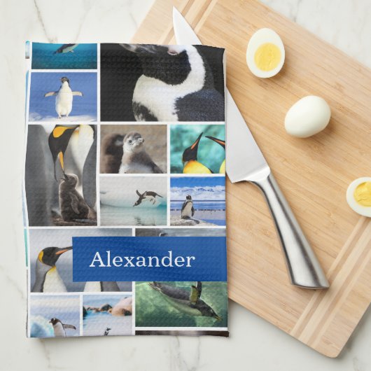 Cute Penguin Photo Collage Pattern met voornaam Theedoek (Quarter Fold)