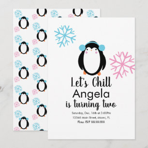 Cute Penguin Pink Blue Snowflakes Winter Invitatio Kaart