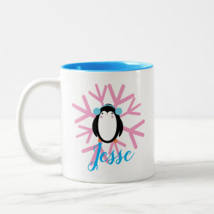 Cute Penguin Pink Snowflake Custom Name Kerstmis Tweekleurige Koffiemok