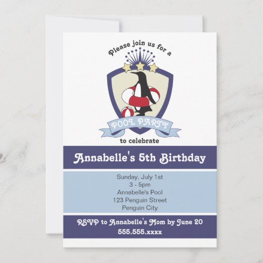 Cute Penguin Piscine pour enfants Invitations de f (Devant)