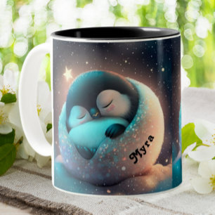 Cute Penguin slaapsterren Moon Gepersonaliseerd Tweekleurige Koffiemok