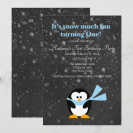 Cute Penguin Snow Much Fun Turing One Birthday Kaart