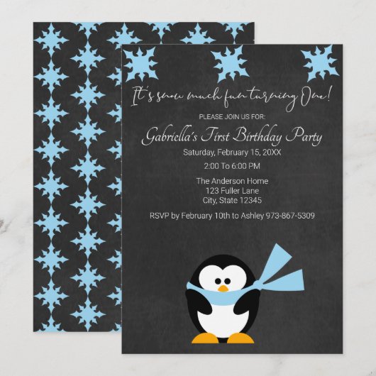 Cute Penguin Snow Much Fun Turing One Birthday Kaart (Voorkant / Achterkant)