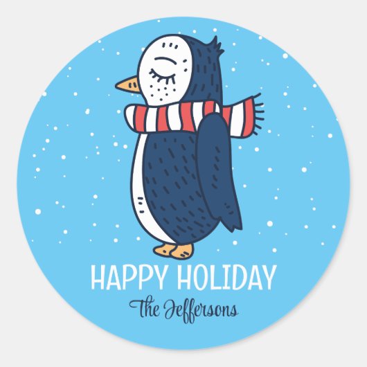 Cute Penguin Snowy Winter Holiday Animal Ronde Sticker (Voorkant)