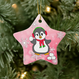 Cute Penguin Throwing Snowballen Kerstmis Keramisch Ornament