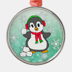 Cute Penguin Throwing Snowballen Kerstmis Metalen Ornament