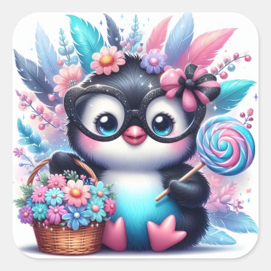 Cute Penguin Vierkante Sticker (Voorkant)