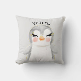 Cute Penguin Waterverf Name Typography Kussen
