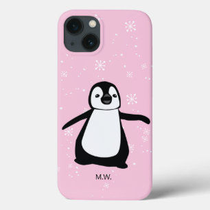 Cute Penguin Winter Snow Illustration Pink iPhone 13 Hoesje