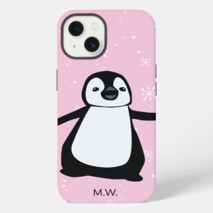 Cute Penguin Winter Snow Illustration Pink iPhone 13 Hoesje