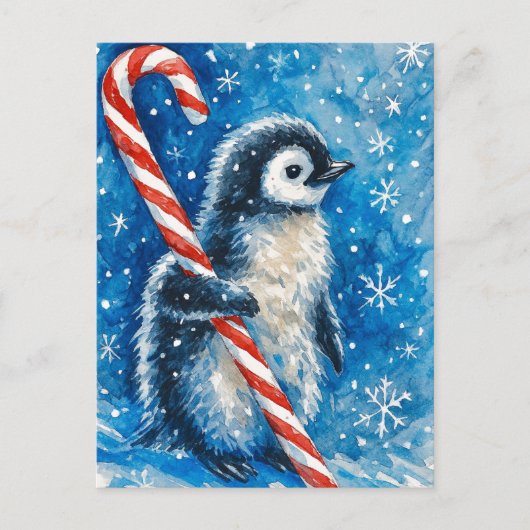 Cute Penguin with Candy Cane Christmas Postcard Feestdagenkaart (Voorkant)