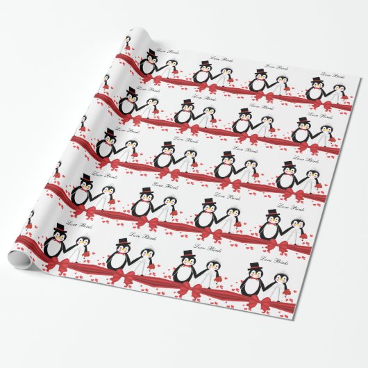Cute Penguins Bride & Groom Wedding Wrapping Paper Cadeaupapier (Uitgerold)