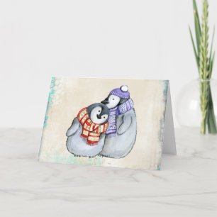 Cute Penguins in Winter Scarves en Petten Kerstmis Feestdagen Kaart