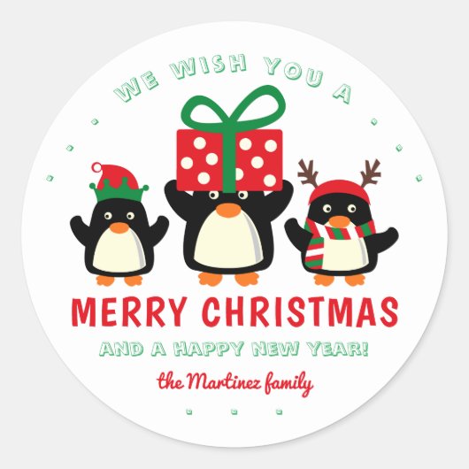Cute Penguins Merry Kerstmis Ronde Sticker (Voorkant)