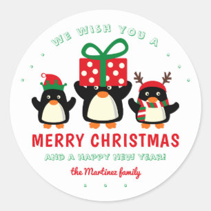 Cute Penguins Merry Kerstmis Ronde Sticker