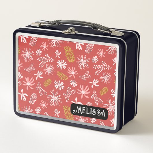 Cute Personal Metal Lunchbox rouge & noir floral (Devant)