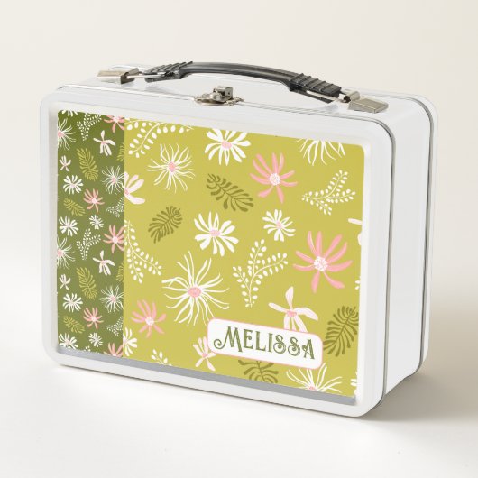 Cute Personal Métal Lunchbox vert & rose floral (Devant)