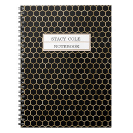 Cute Personalized Black Gold Honeycomb Bee Pattern Notitieboek