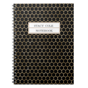 Cute Personalized Black Gold Honeycomb Bee Pattern Notitieboek