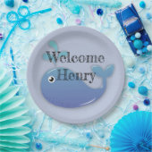 Cute Personalized Blue Whale Baby shower Papieren Bordje (Feest)