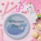 Cute Personalized Blue Whale Baby shower Papieren Bordje (Feest)