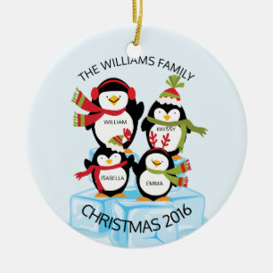CUTE Personalized Family of 4 Penguins Kerstmis Keramisch Ornament