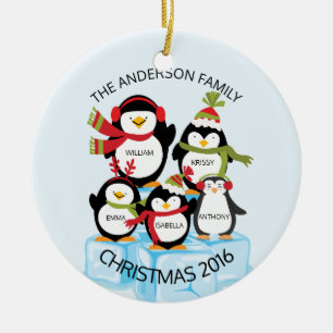 CUTE Personalized Family of 5 Penguins Kerstmis Keramisch Ornament