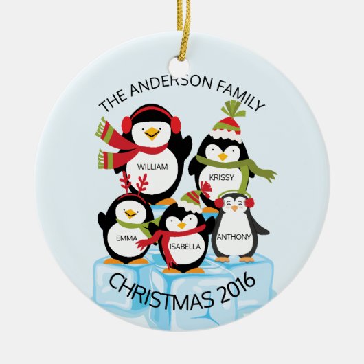 CUTE Personalized Family of 5 Penguins Kerstmis Keramisch Ornament (Voorkant)