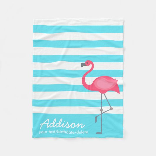 Cute Personalized Flamingo Tropical Blue Stripe Fleece Deken (Voorkant)