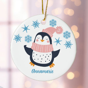 Cute Personalized Penguin Pink Scarf Kerstmis Keramisch Ornament