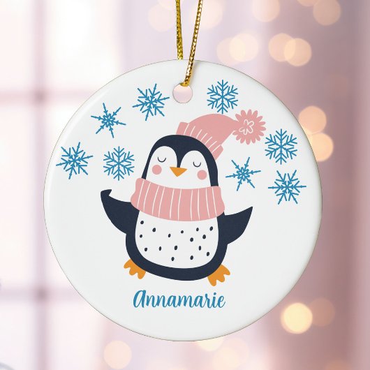 Cute Personalized Penguin Pink Scarf Kerstmis Keramisch Ornament