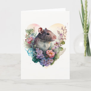 Cute Pet Rat in Purple Flowers Valentijnsdag Feestdagen Kaart