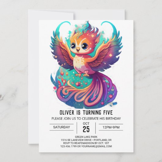 Cute Phoenix Aquarelle Invitation Anniversaire (Devant)