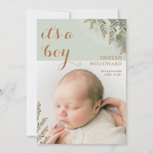 Cute Photo Sage Cocoa Boy Faire-part de naissance (Devant)