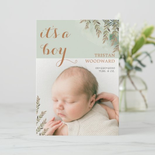 Cute Photo Sage Cocoa Boy Faire-part de naissance (Debout devant)