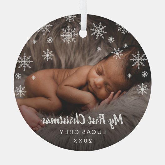 Cute Photo Snowflakes Baby Eerste Kerstmis Glas Ornament (Achterkant)