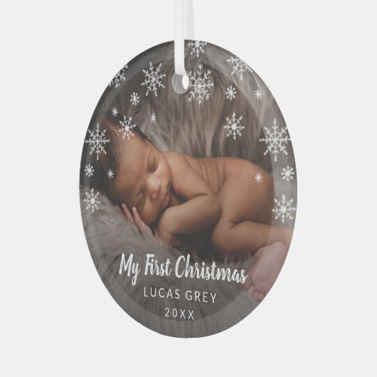 Cute Photo Snowflakes Baby Eerste Kerstmis Glas Ornament (Voorkant links)