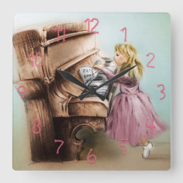 Cute Piano Girl Square Clock, Elegant  Art Vierkante Klok