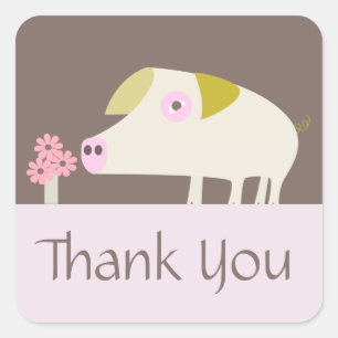Cute Pig en Roze Flowers brown Vierkante Sticker