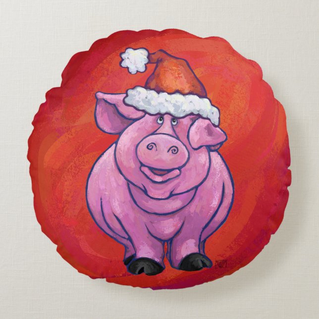 Cute Pig in Santa Hat op Red Rond Kussen (Voorkant)