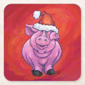 Cute Pig in Santa Hat op Red Vierkante Kartonnen Onderzetter (Voorkant)