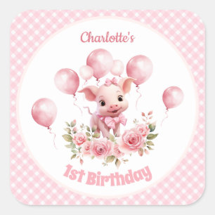 Cute Pig Pink Farm Girl 1er Anniversaire Stickers