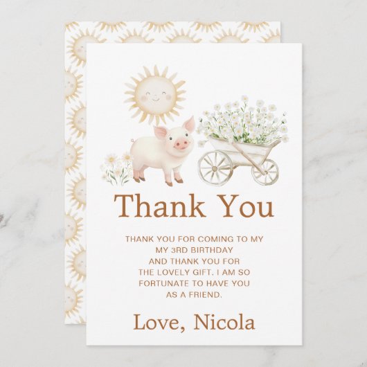 Cute Pig Wheelbarrow Birthday Bedankkaart (Voorkant / Achterkant)